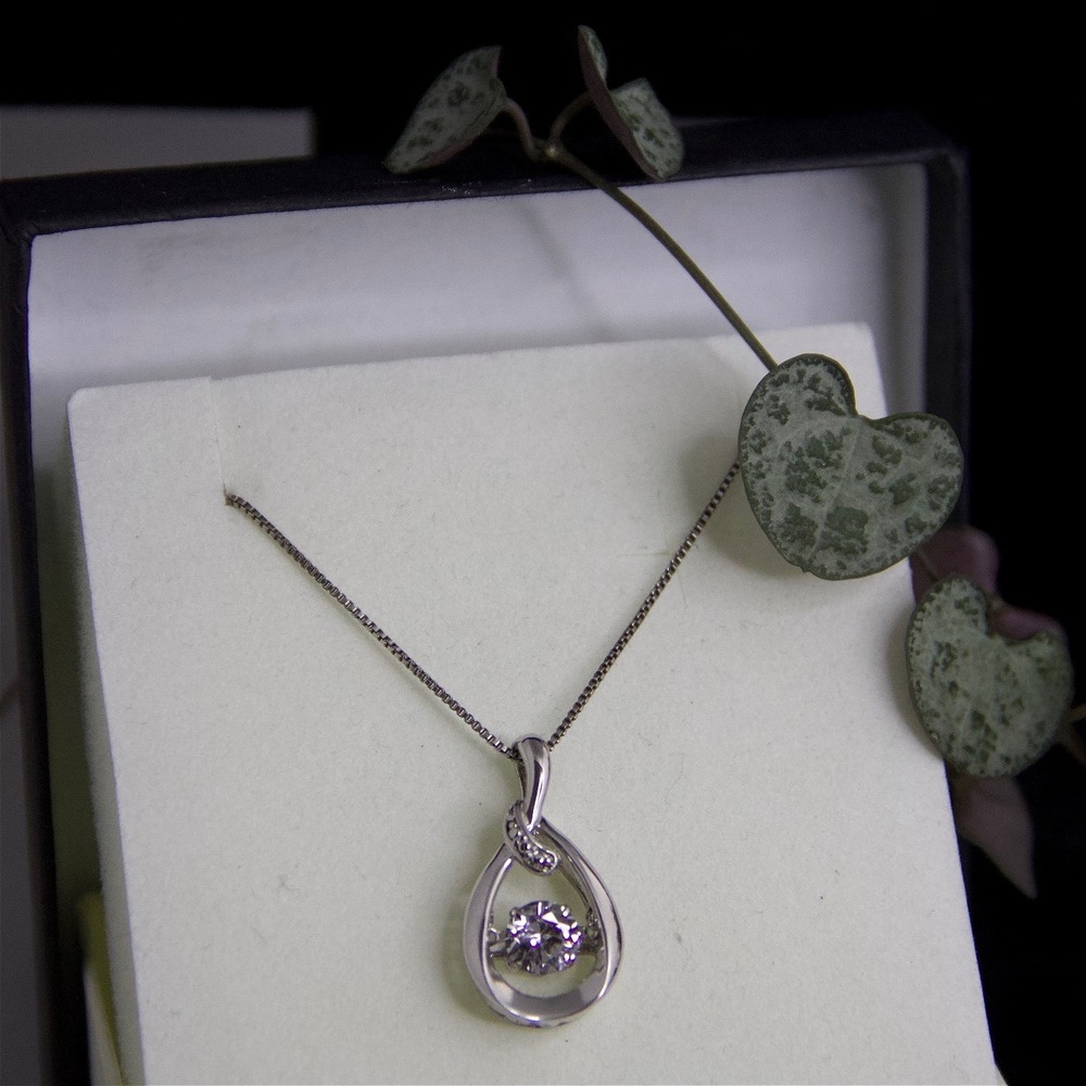 Sterling Silver Dancing Cubic Zirconia Teardrop Pendant Box Chain Necklace 925
